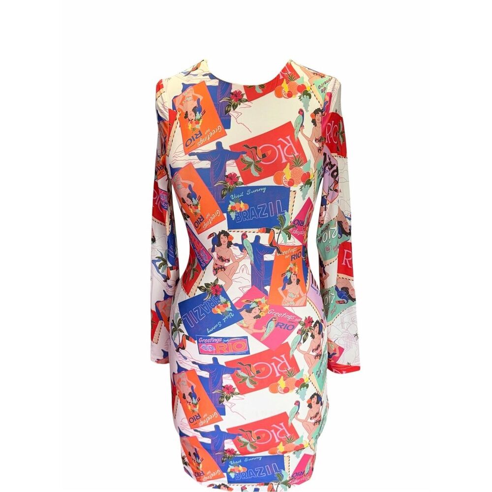 PepperMayo Brazil Print Long-Sleeve Bodycon Dress - Multicolor Size 2